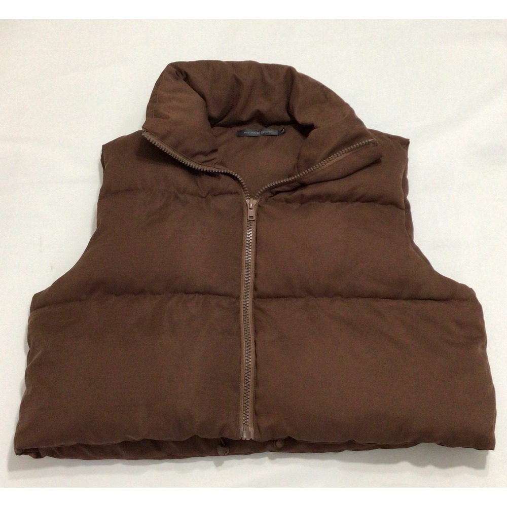 MEROKEETY Women's XL Chocolate Cropped Puffer Vest Y2K Streetwear Minimalist Zip